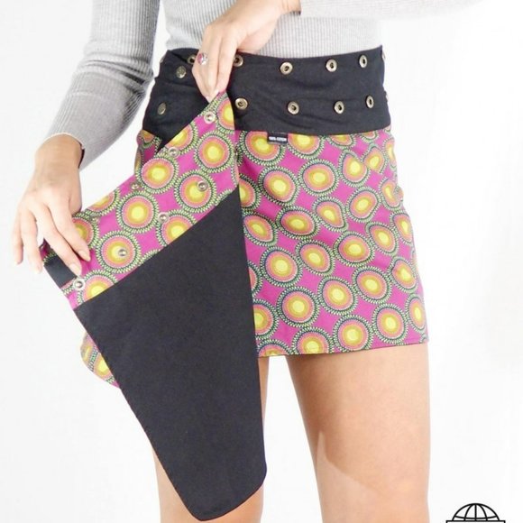 Festival Reversible Adjustable Wrap Mini Skirt One of a Kind Zippers & Snaps - Picture 14 of 14